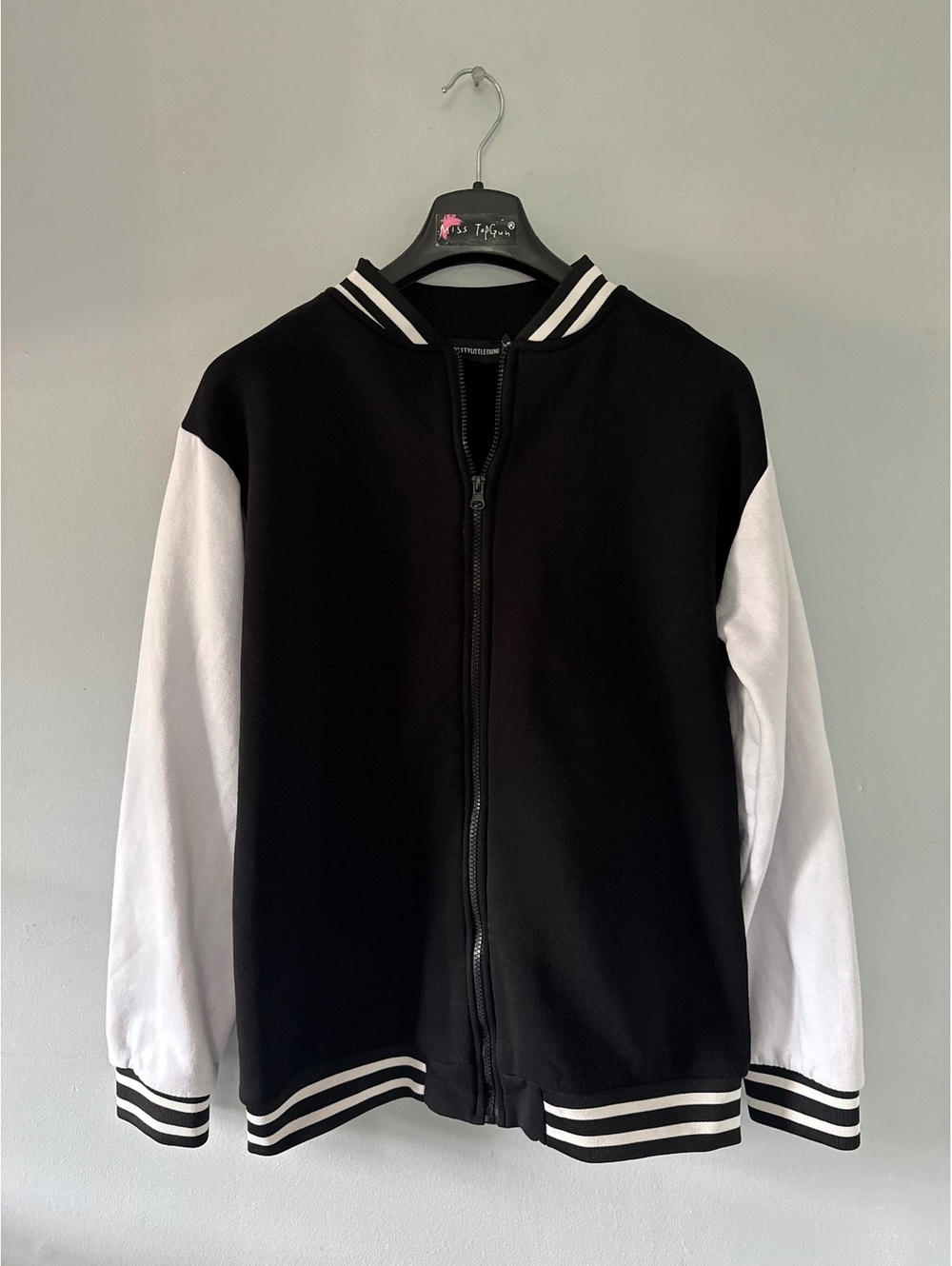 Black and White Varsity Jacket with Striped Ribbing